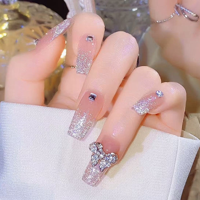 MEDIUM 24 PC ARTIFICIAL NAILS NUDE SILVER GLITTER SPARKLE BOW