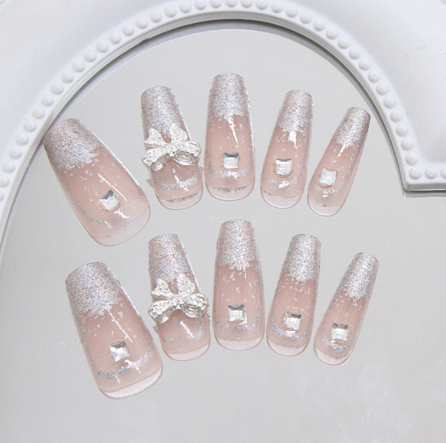 MEDIUM 24 PC ARTIFICIAL NAILS NUDE SILVER GLITTER SPARKLE BOW
