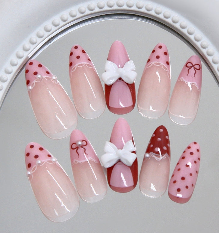 MEDIUM LONG 24 PC ARTIFICIAL NAILS WHITE BOW PINK POLKA DOT