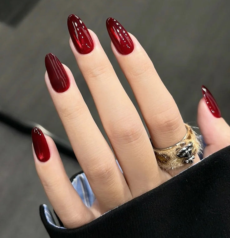 MEDIUM LONG 24 PC ARTIFICIAL NAILS WINE RED CAT EYE