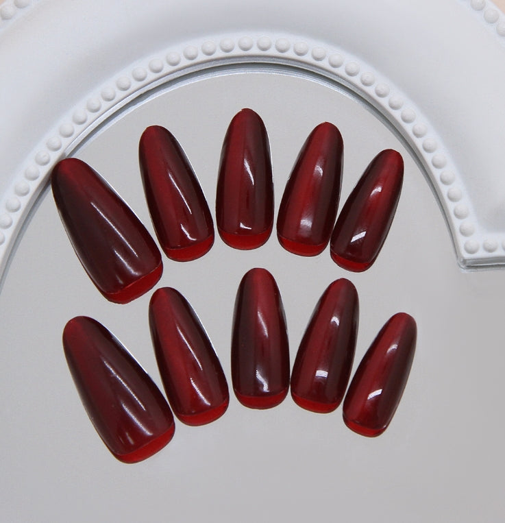 MEDIUM LONG 24 PC ARTIFICIAL NAILS WINE RED CAT EYE