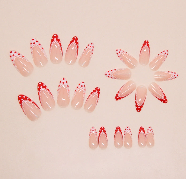 MEDIUM 24 PC ARTIFICIAL NAILS NUDE RED POLKA DOT
