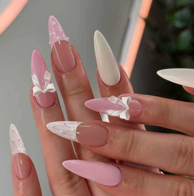 MEDIUM LONG 24 PC ARTIFICIAL NAILS PINK WHITE BOW PEARL