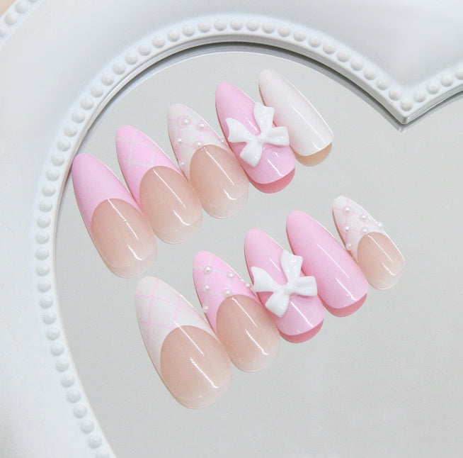 MEDIUM LONG 24 PC ARTIFICIAL NAILS PINK WHITE BOW PEARL