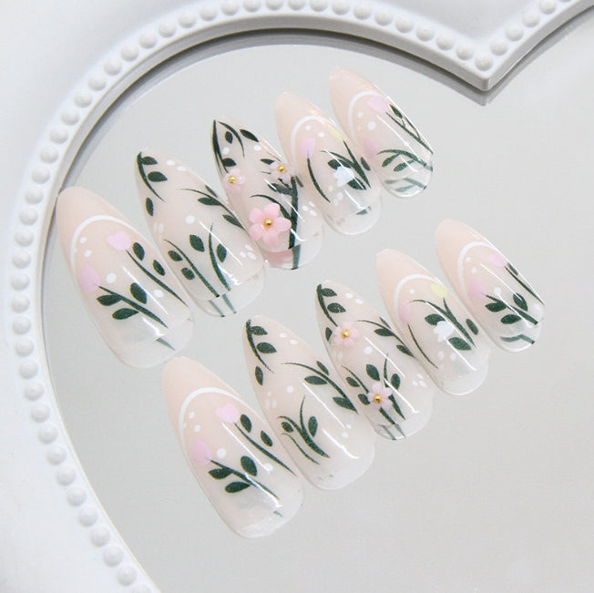 MEDIUM 24 PC ARTIFICIAL NAILS PINK GREEN FLOWER