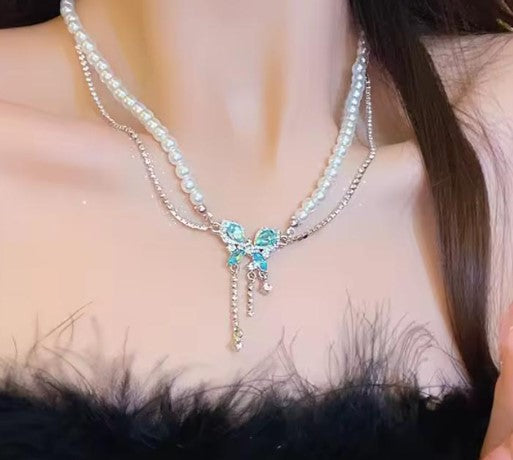 Butterfly Double Layer Chain Pearl Pendant