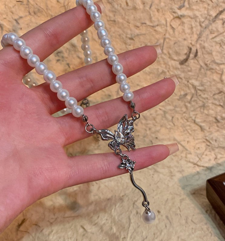 White Pearl Butterfly Necklace
