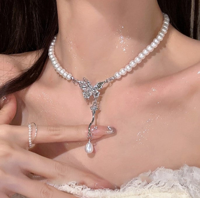 White Pearl Butterfly Necklace
