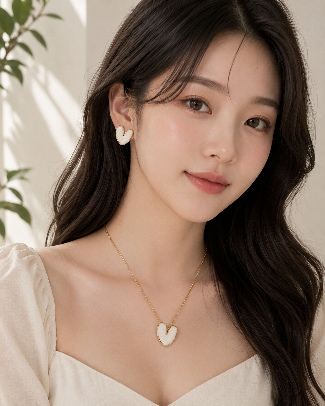HEART ENAMELED WHITE ANTI TARNISH NECKLACE & EARRINGS