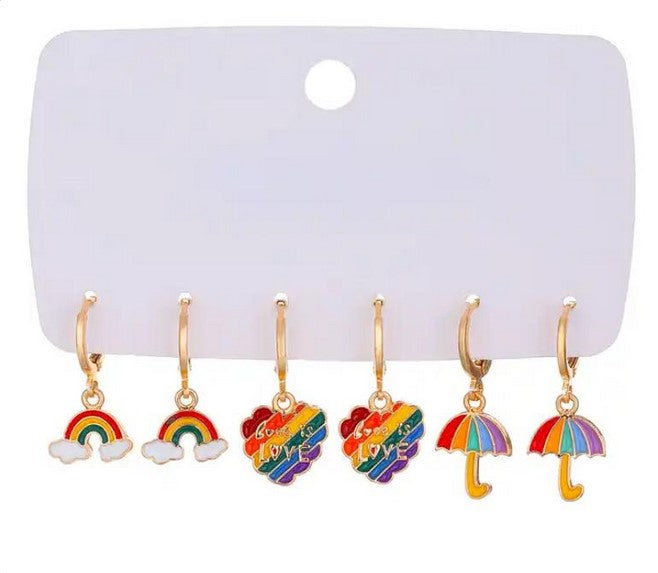 3 Pair Combo Set Heart Umbrella Small Hoop Earring