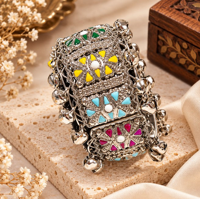 OXIDISED SILVER MULTICOLOR FLORAL GHUNGROO CUFF BRACELET