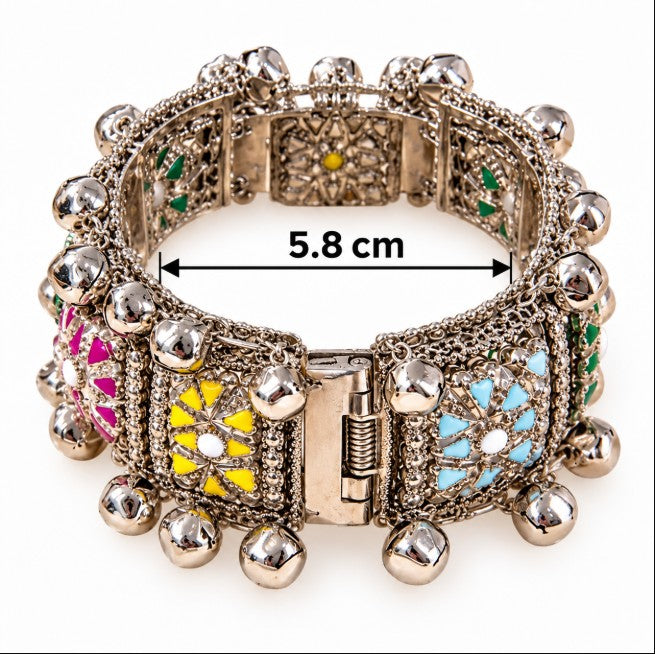 OXIDISED SILVER MULTICOLOR FLORAL GHUNGROO CUFF BRACELET