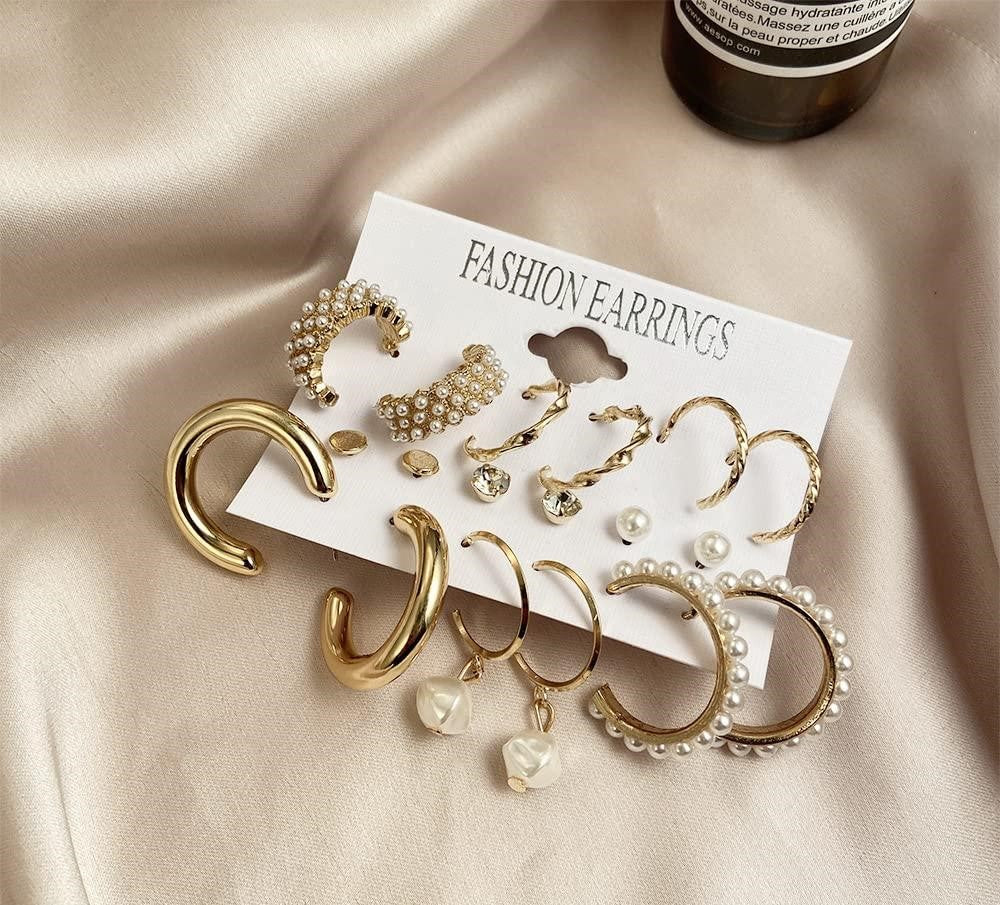 9 Pair Trendy Hoop Earrings Set Combo
