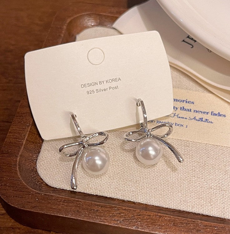 SILVER BOW TIE PEARL DROP KOREAN EARRINGS