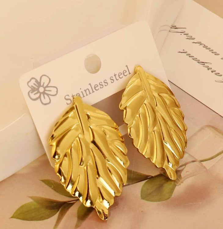 GOLD ANTI TARNISH LEAF STUD KOREAN EARRINGS