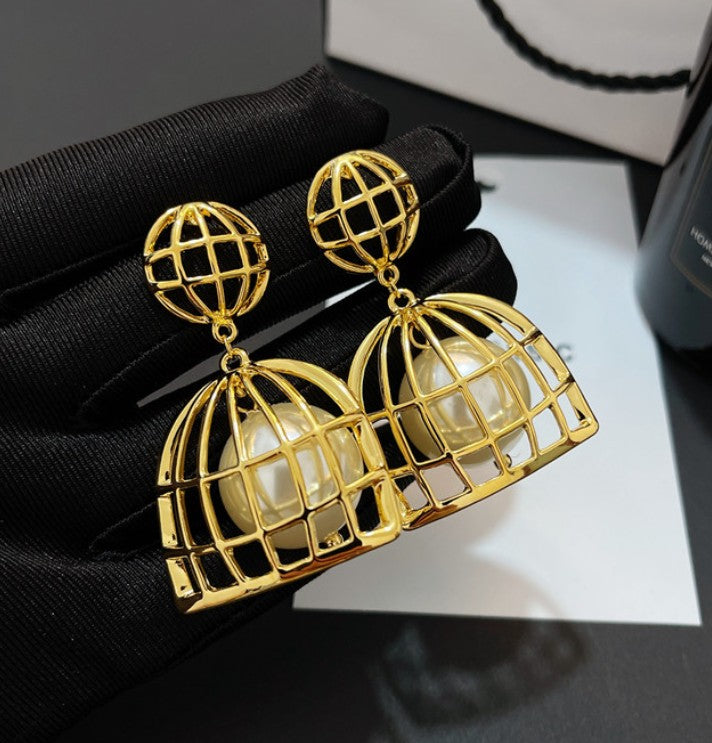 PEARL IN CAGE DROP KOREAN EARRINGS