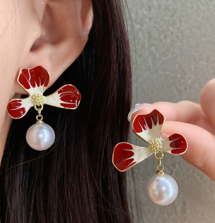 PEARL FLOWER DROP KOREAN EARRINGS