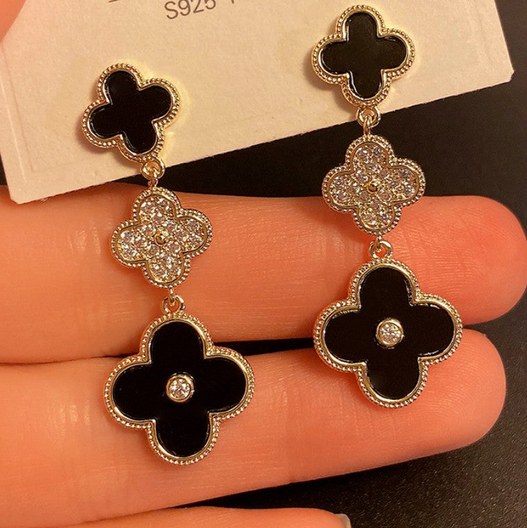 CLOVER AD STONE DROP KOREAN EARRINGS