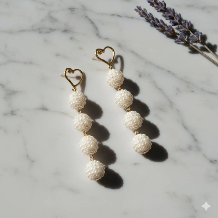 HEART PEARL TASSEL DROP KOREAN EARRING