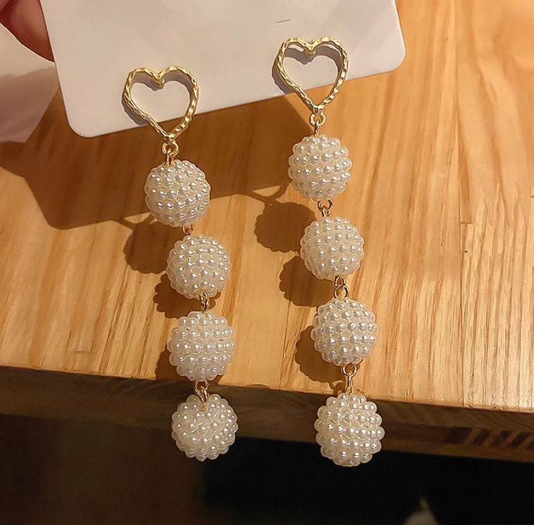 HEART PEARL TASSEL DROP KOREAN EARRING