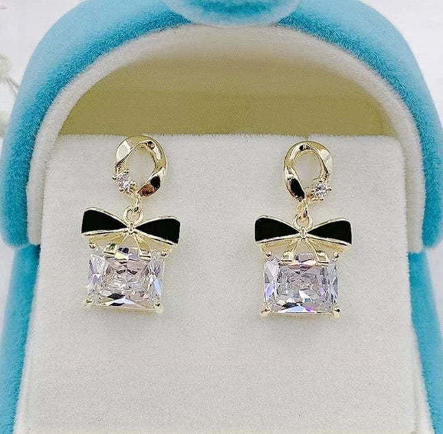 CRYSTAL BOW DROP KOREAN EARRINGS