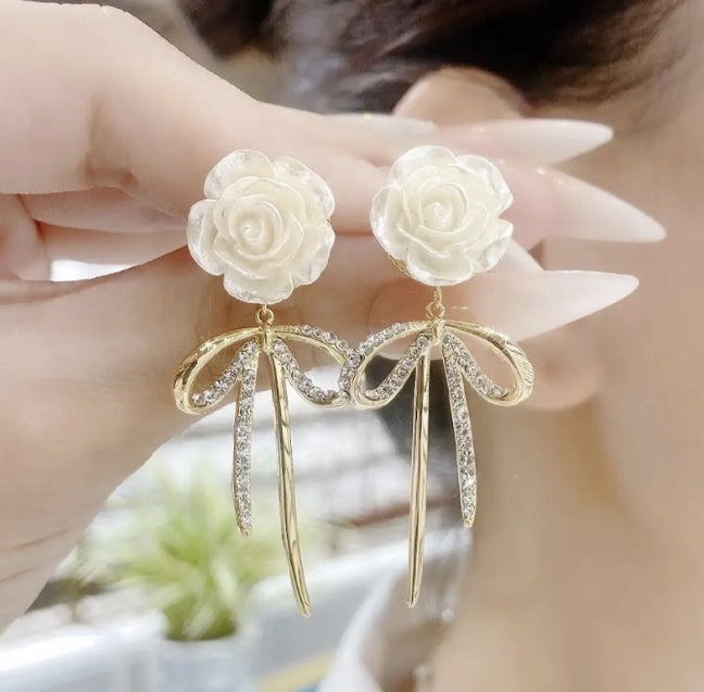 FLOWER BOW DROP KOREAN EARRINGS
