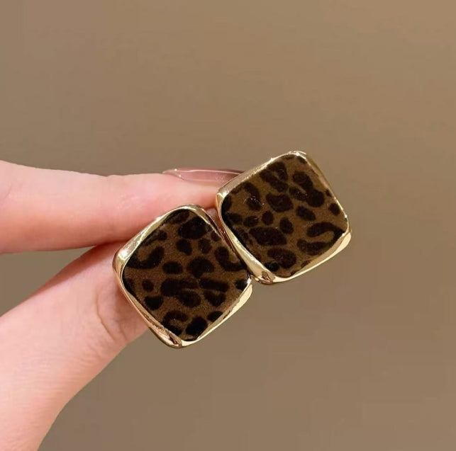 SQUARE LEOPARD CHEETAH STUDS KOREAN EARRINGS