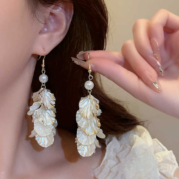 LONG FLORAL PETAL DROP KOREAN EARRINGS