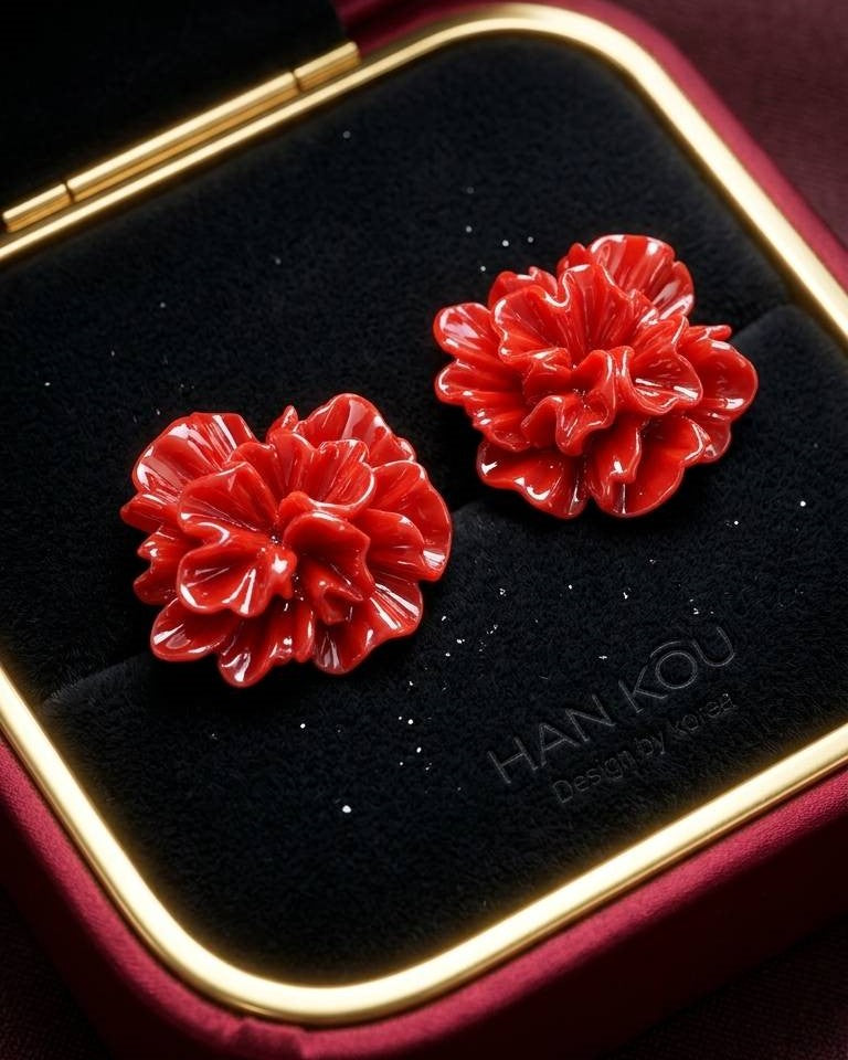 RED FLORAL FLOWER KOREAN STUDS EARRINGS