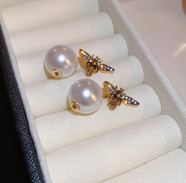DOUBLE SIDED BEE PEARL KOREAN STUDS EARRINGS