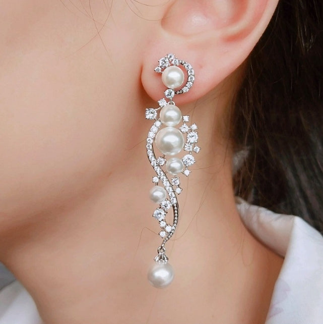LONG PEARL AD STONE KOREAN DROP EARRINGS