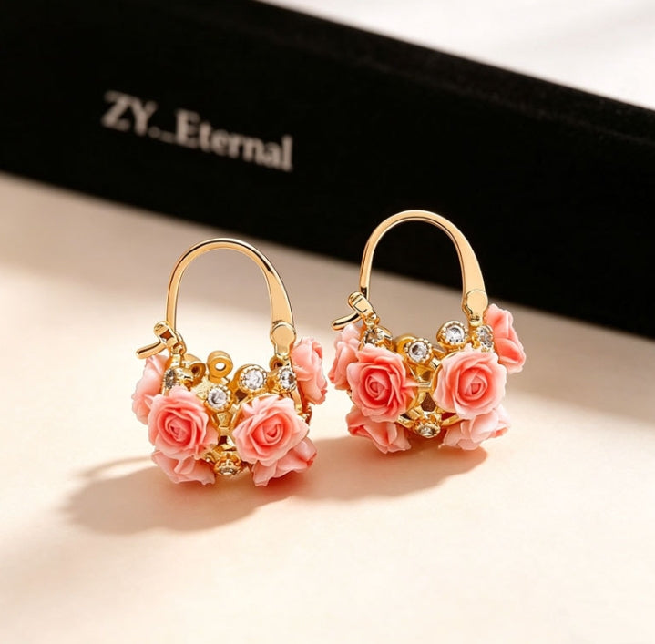 PINK FLOWER HOOP EARRINGS