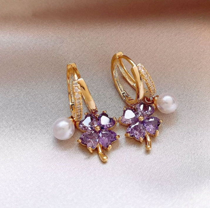 PURPLE LEAF FLOWER CLOVER DROP EARRING