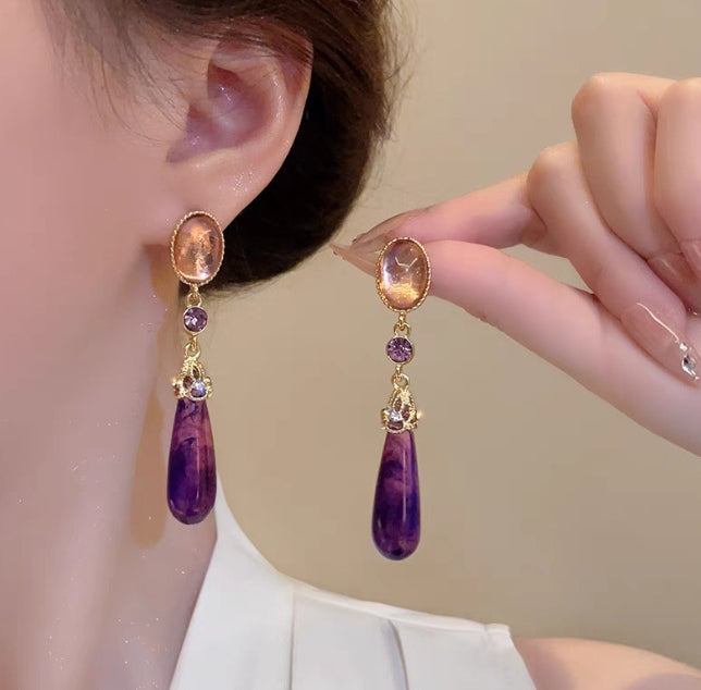 PURPLE TEAR DROP AD STONE KOREAN EARRINGS
