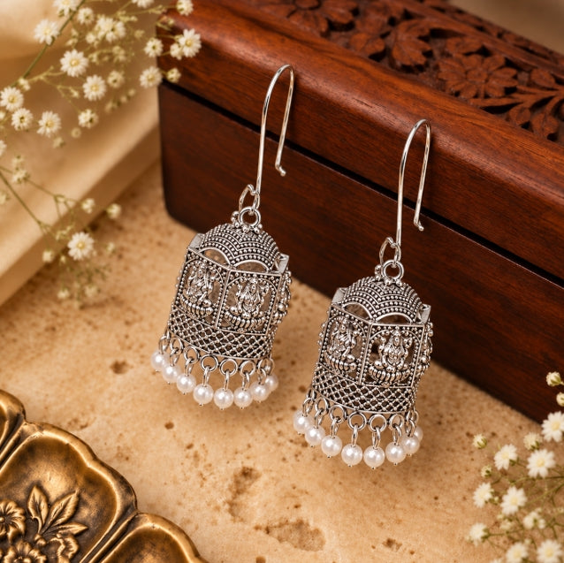 OXIDISED SILVER HANGING LAKSHMI DEVI JHUMKA EARRINGS