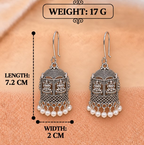OXIDISED SILVER HANGING LAKSHMI DEVI JHUMKA EARRINGS