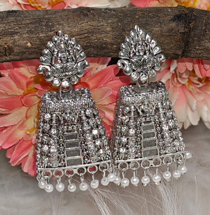 OXIDISED SILVER LAKSHMI DEVI TEMPLE JHUMKA EARRINGS