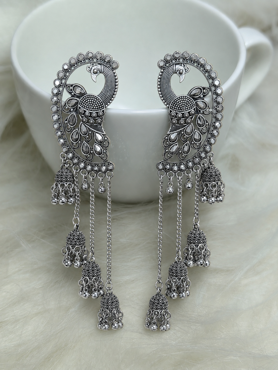 OXIDISED SILVER BIG PEACOCK JHUMKA EARRING