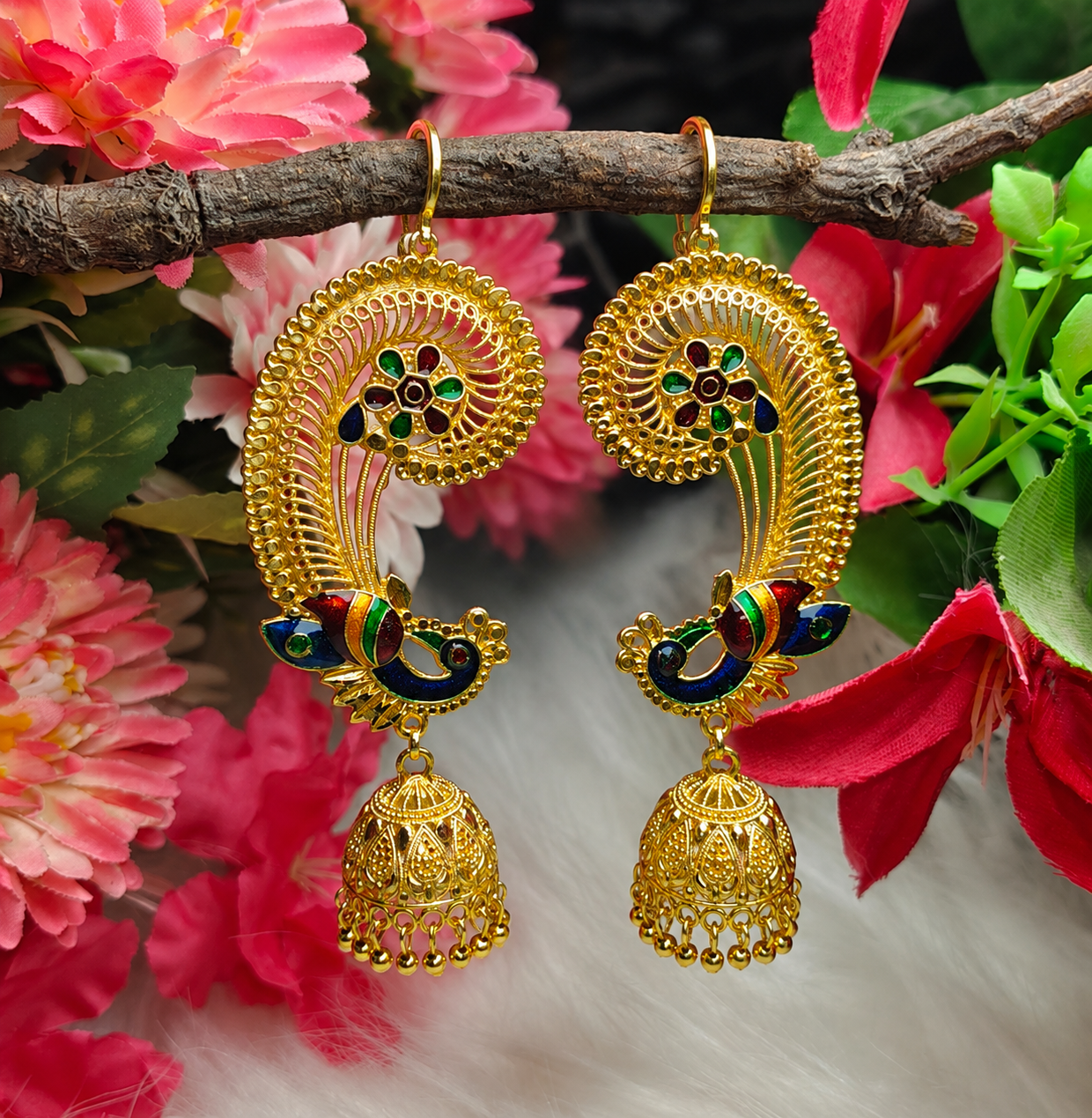 GOLDEN PEACOCK EARCUFF EARRING TRADITIONAL ETHNIC JHUMKA EARRING