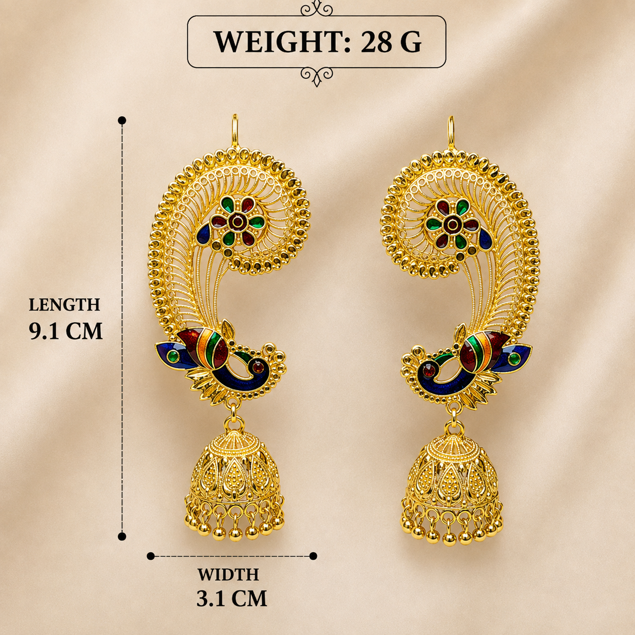 GOLDEN PEACOCK EARCUFF EARRING TRADITIONAL ETHNIC JHUMKA EARRING