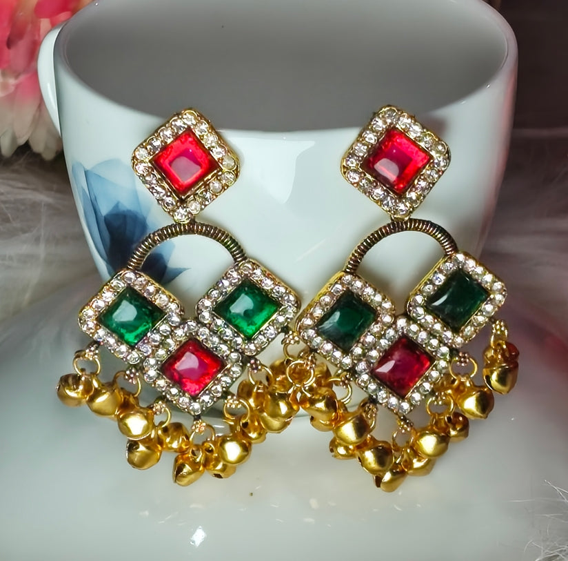 MULTICOLOR STONE WITH GHUNGROO DROP EARRINGS