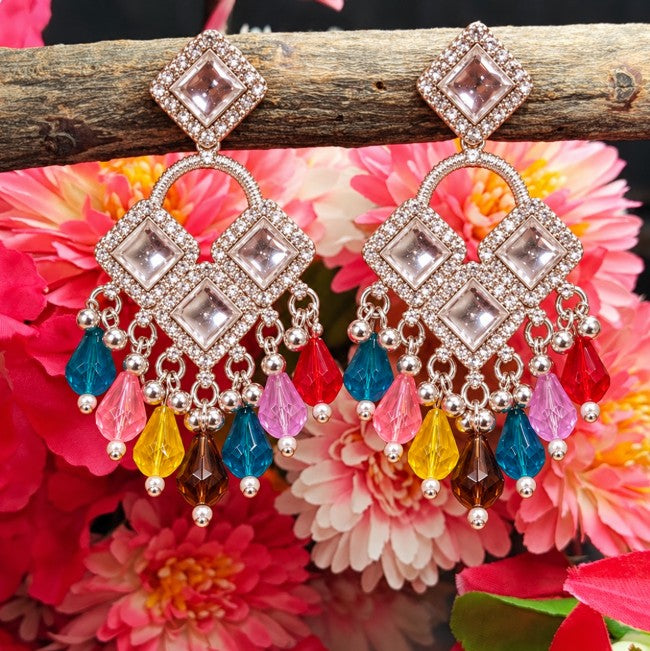MULTICOLOR BEADED GEOMETRIC DROP EARRINGS