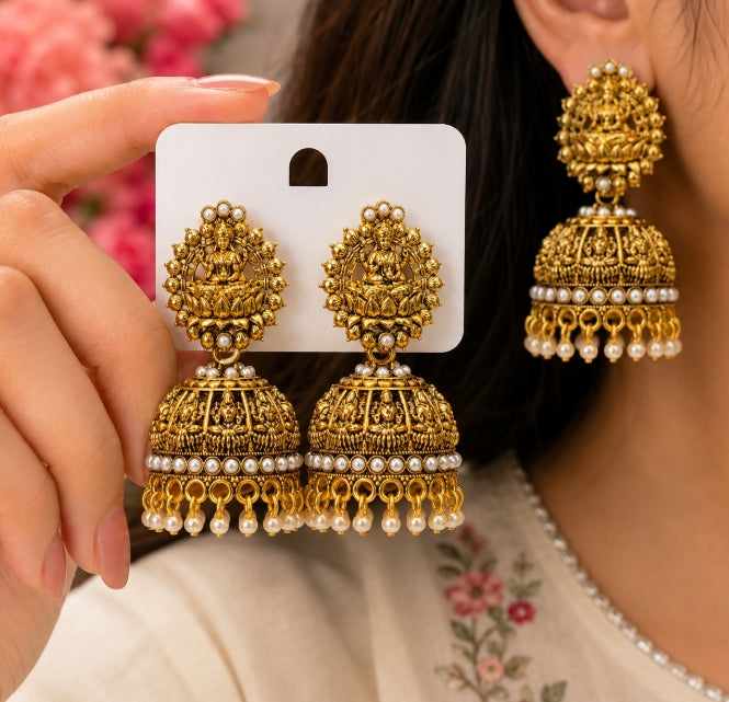 ANTIQUE GOLD LAKSHMI DEVI TEMPLE JHUMKA EARRINGS
