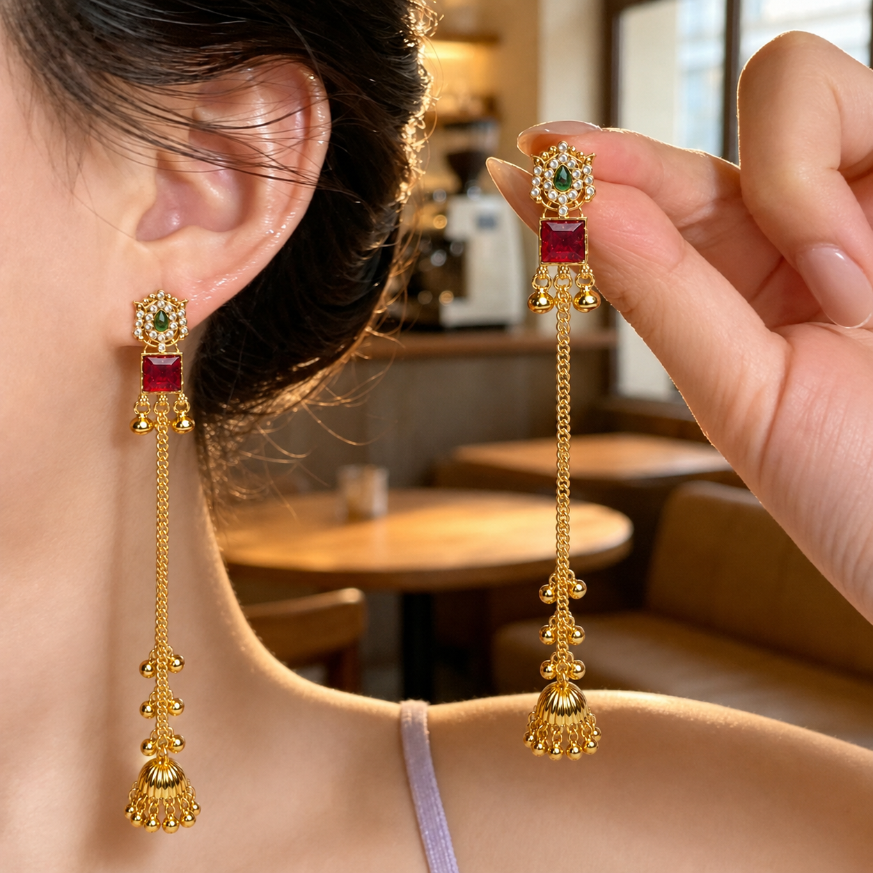 LONG GOLDEN KASHMIRI JHUMKA EARRINGS