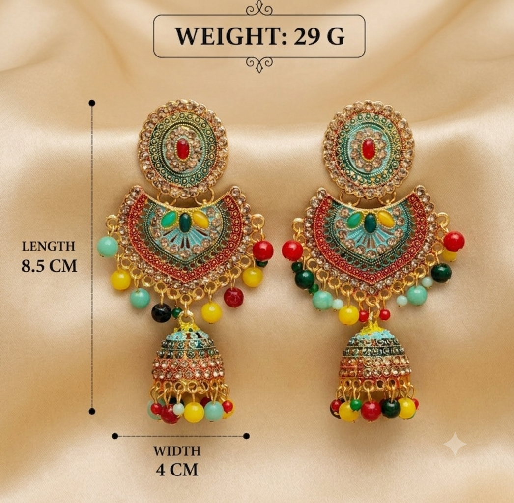 BIG MULTICOLOR BEADED STONE CHANDBALI JHUMKA EARRING