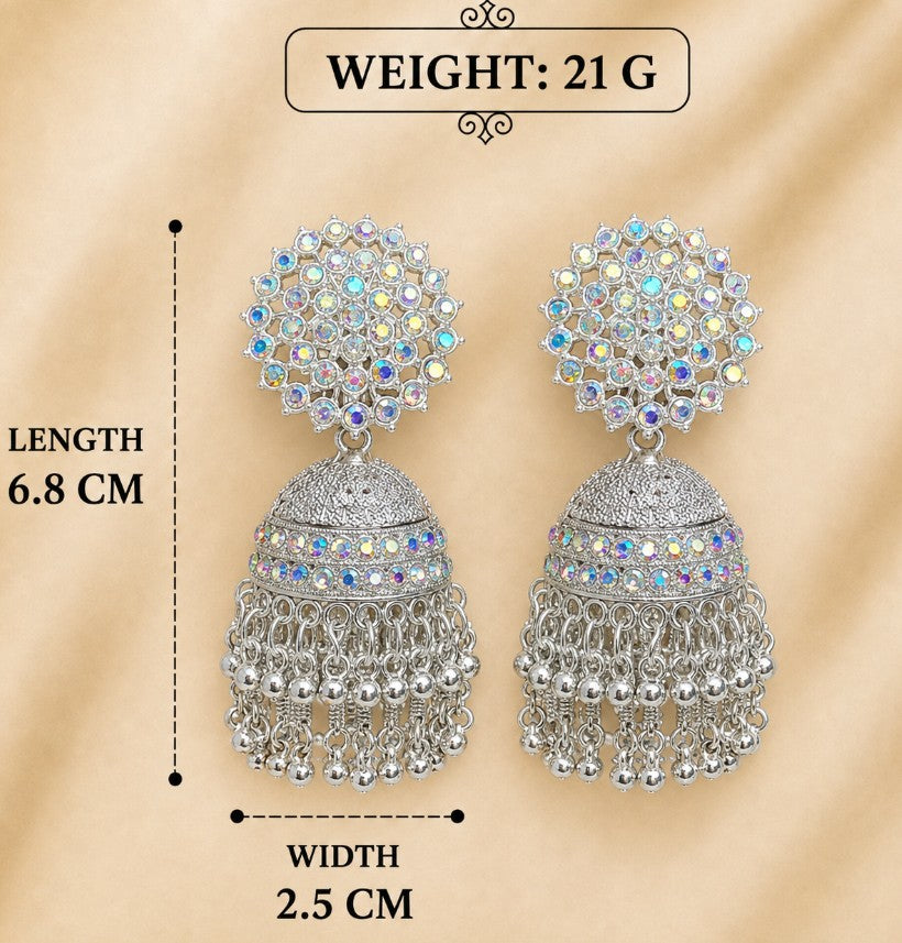 RAINBOW STONES SILVER JHUMKA WITH GHUNGROO EARRINGS
