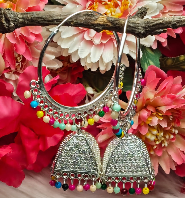 MULTICOLOR BEADED BIG HOOP JHUMKA EARRINGS