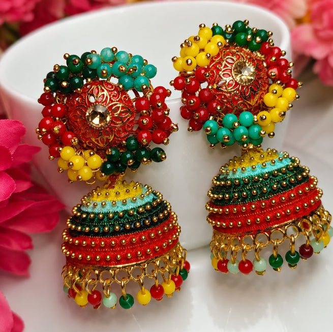 MULTICOLOR PEARL TRADITIONAL ETHNIC JHUMKA EARRINGS