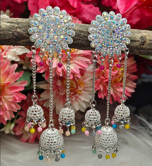 FLOWER LONG CHAIN KASHMIRI JHUMKA EARRINGS