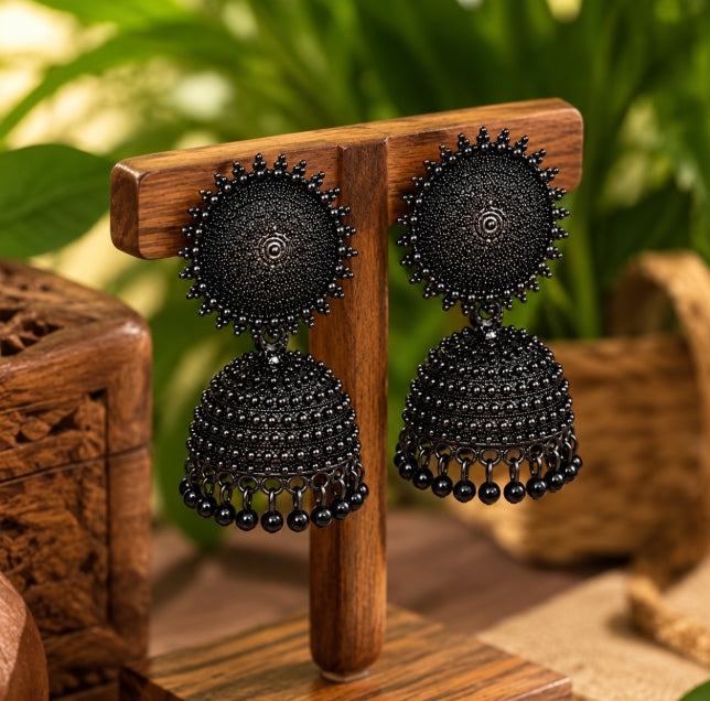 BLACK BEADED TRADITIONAL JHUMKA EARRINGS